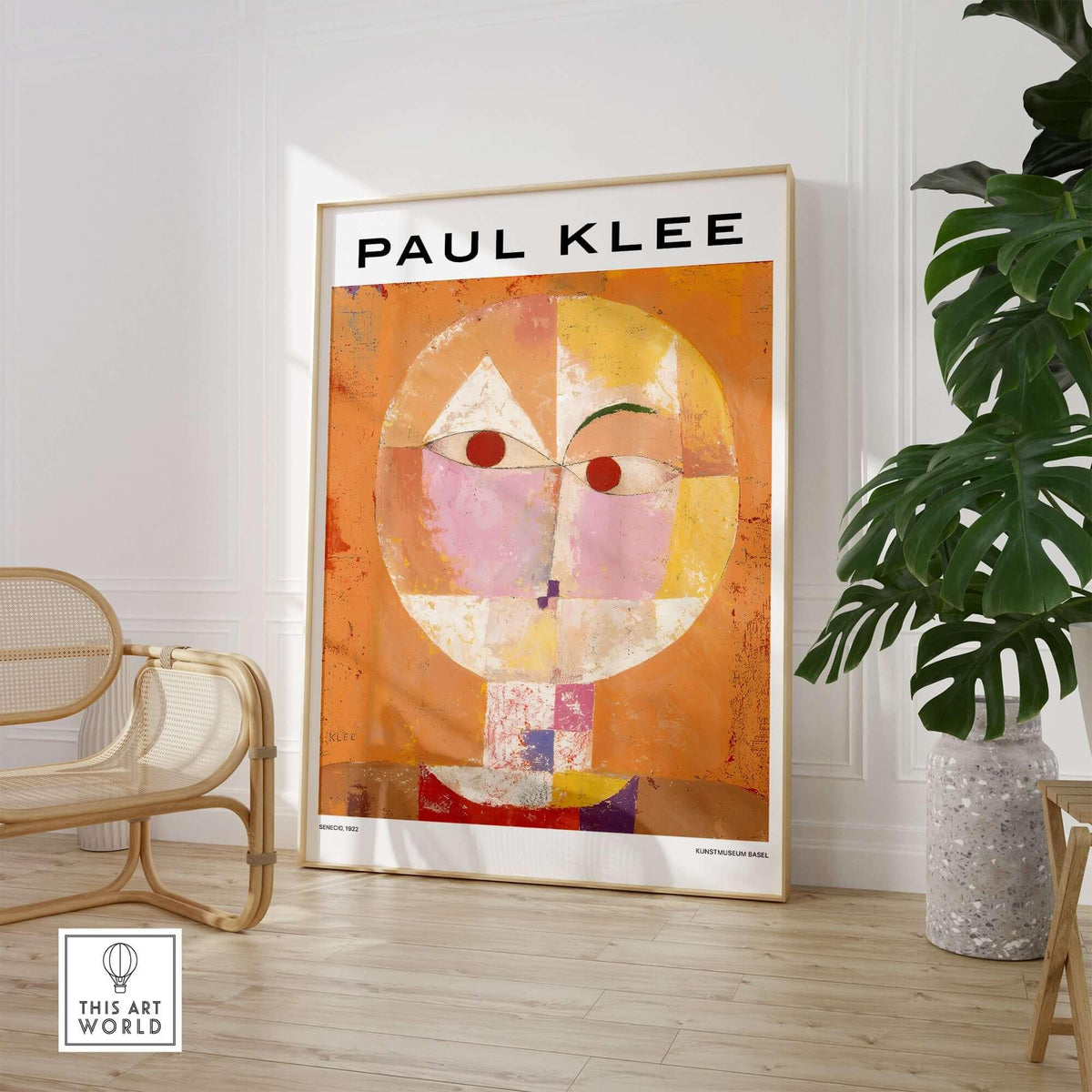 Paul Klee Senecio Head of Man Abstract Portrait Poster Art Print displayed in a contemporary living room setting.