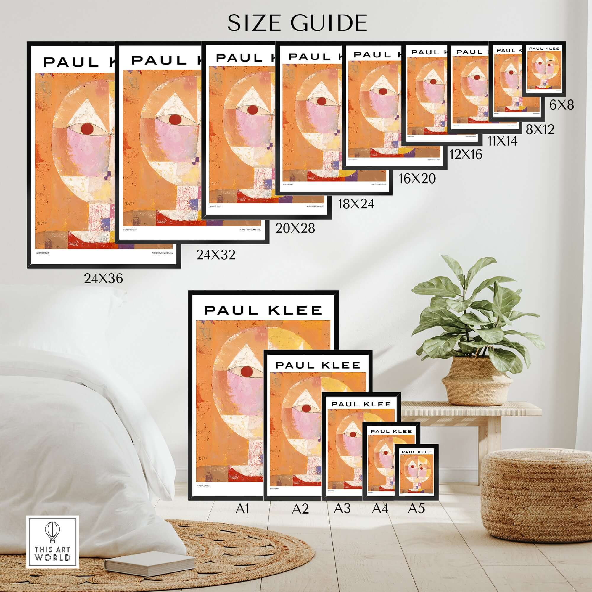 Paul Klee Senecio Head of Man Abstract Portrait Poster Art Print size guide showing various dimensions.