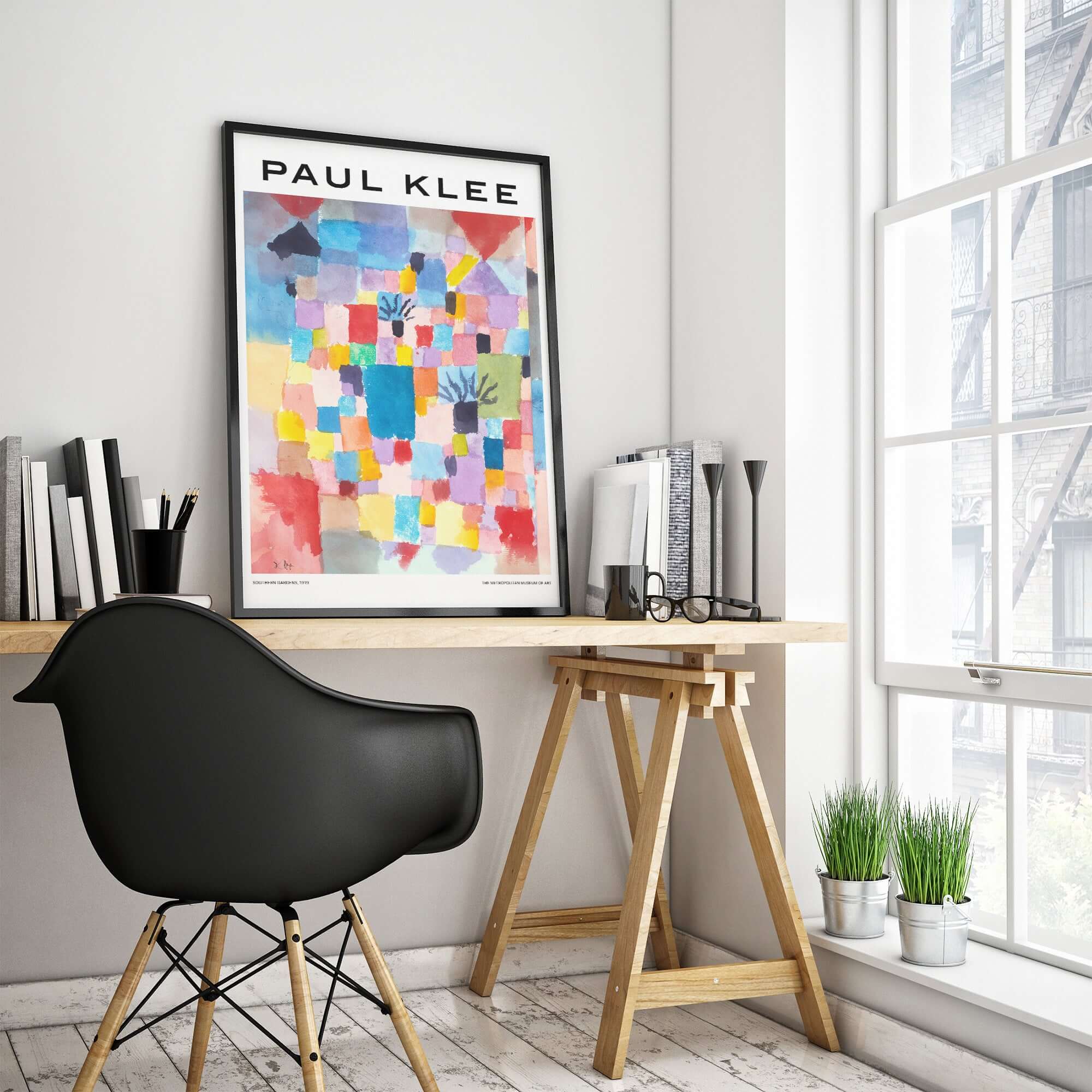 Paul Klee Southern Gardens Abstract Landscape Colorful Poster Art Print displayed in a modern office setting.