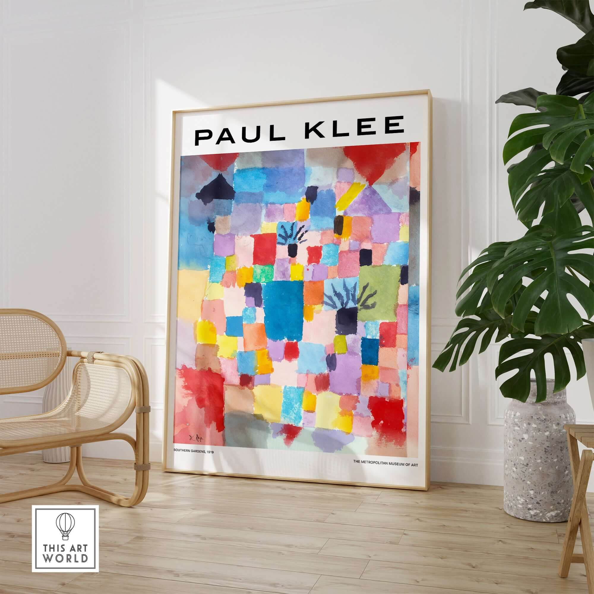 Paul Klee Southern Gardens Abstract Landscape Colorful Poster Art Print displayed in a bright interior with modern decor.
