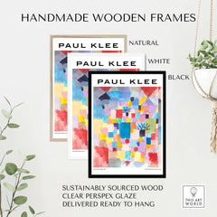 Handmade wooden frames for Paul Klee Southern Gardens Abstract Landscape Colorful Poster Art Print in natural, white, and black.
