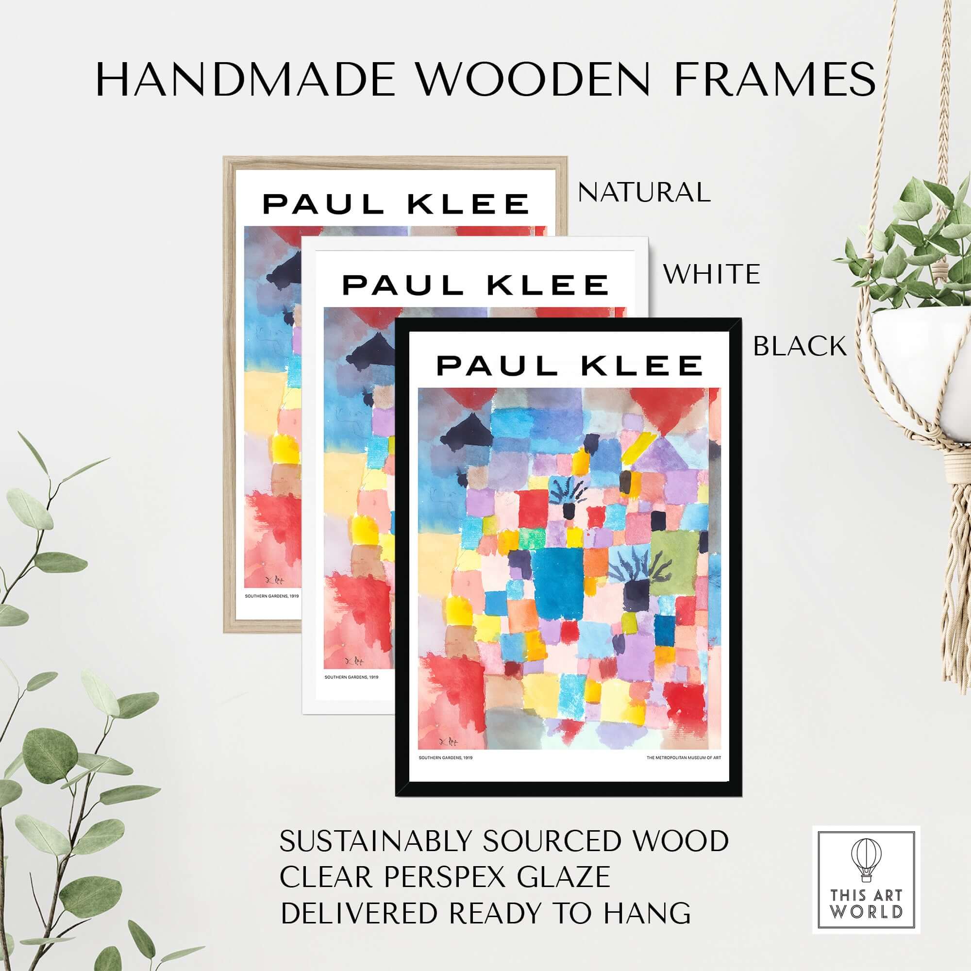 Handmade wooden frames for Paul Klee Southern Gardens Abstract Landscape Colorful Poster Art Print in natural, white, and black.