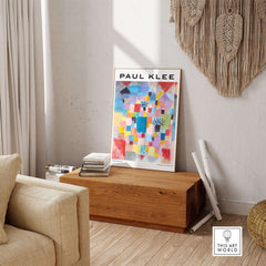 Paul Klee Southern Gardens Abstract Landscape Colorful Poster Art Print displayed in a modern living room setting.