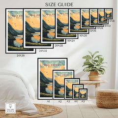 Size guide for Peak District National Park Wall Art in various dimensions displayed in a stylish home interior.