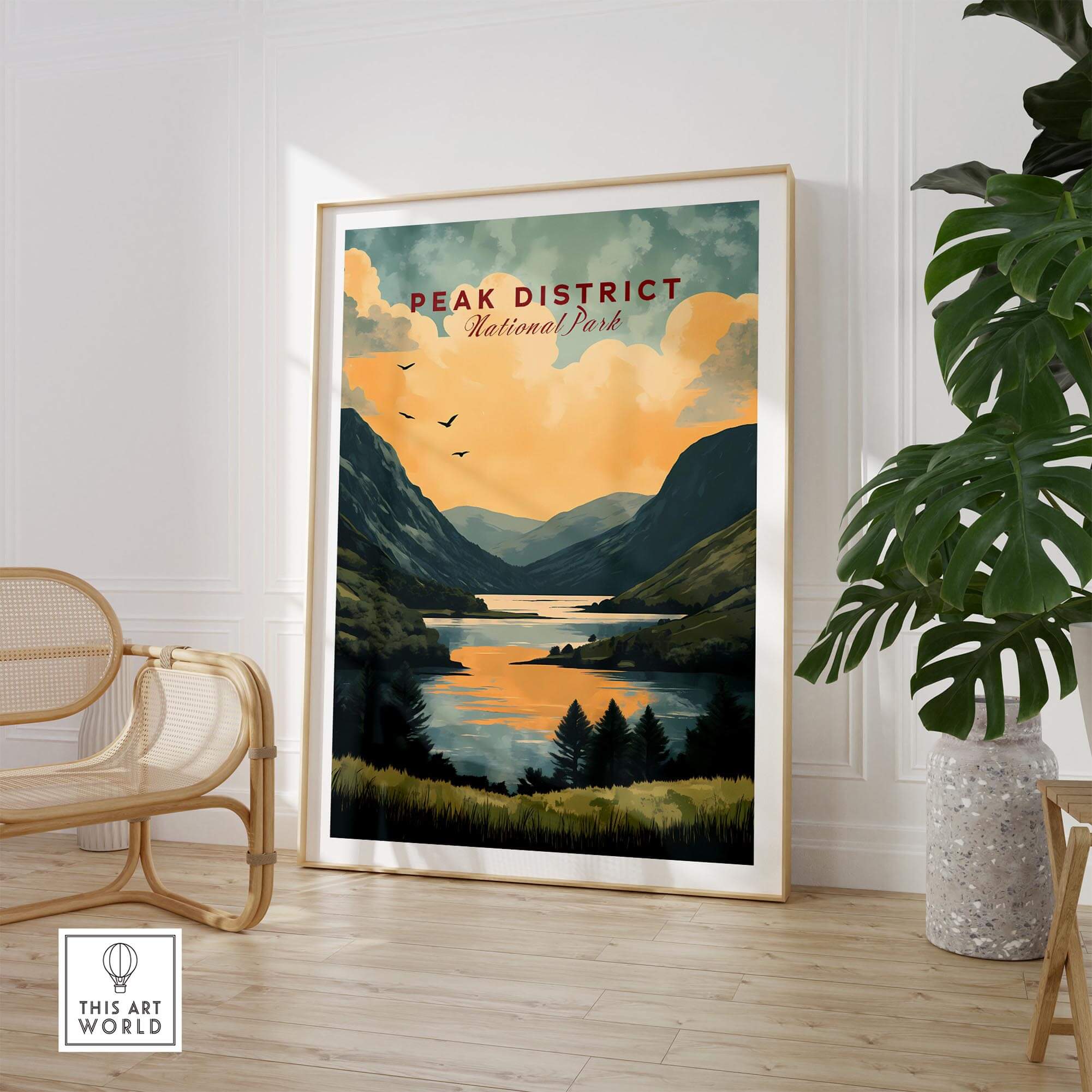Peak District National Park Wall Art showcasing a serene landscape with mountains and a lake during sunset.