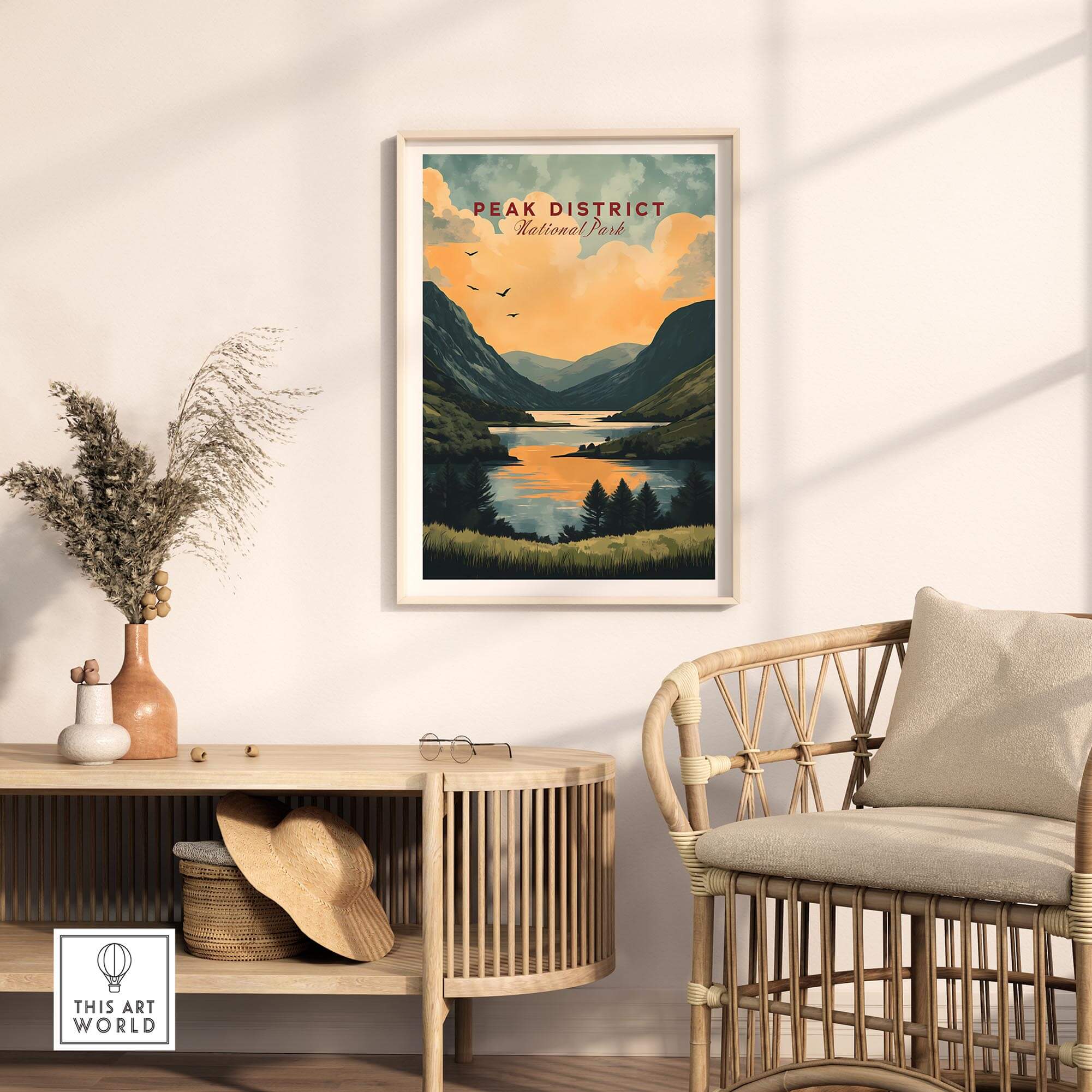 Peak District National Park Wall Art displayed in a stylish interior, showcasing natural beauty and tranquility.