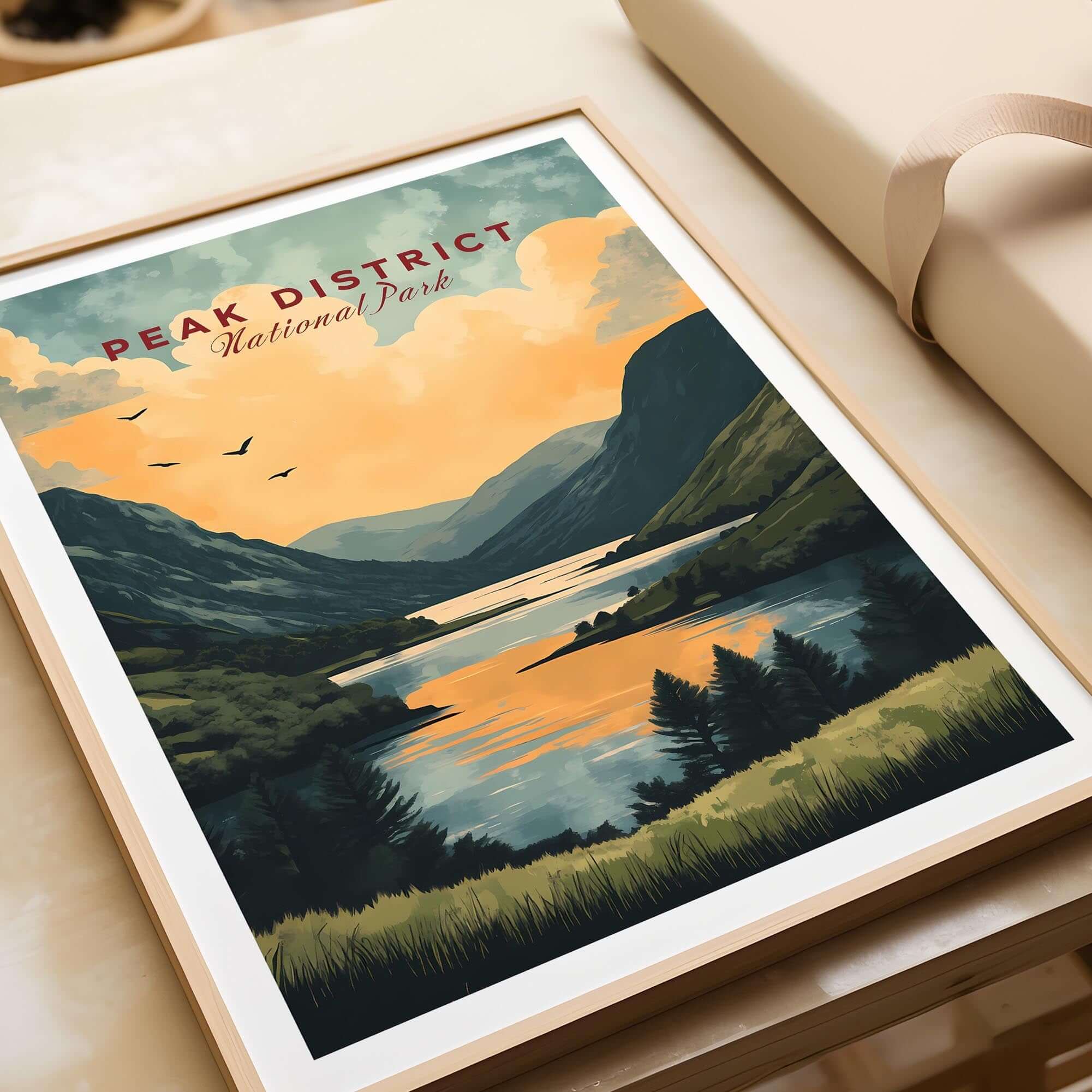 Peak District National Park Wall Art showcasing a tranquil landscape with mountains and river during sunset.