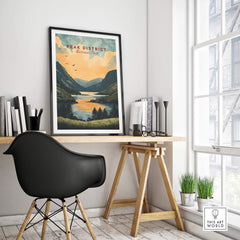 Peak District National Park Wall Art displayed in a stylish home office setting, emphasizing nature and tranquility.