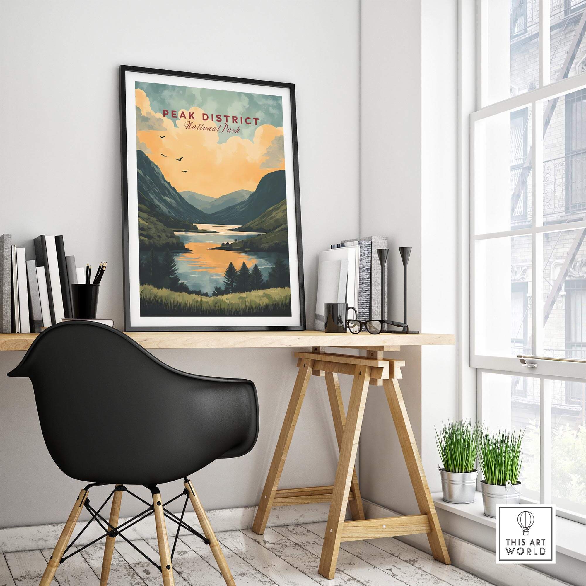 Peak District National Park Wall Art displayed in a stylish home office setting, emphasizing nature and tranquility.