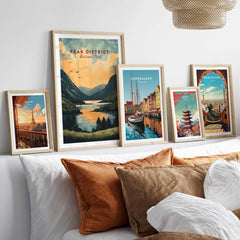 Peak District National Park Wall Art featured among other travel prints in a stylish home decor setting.