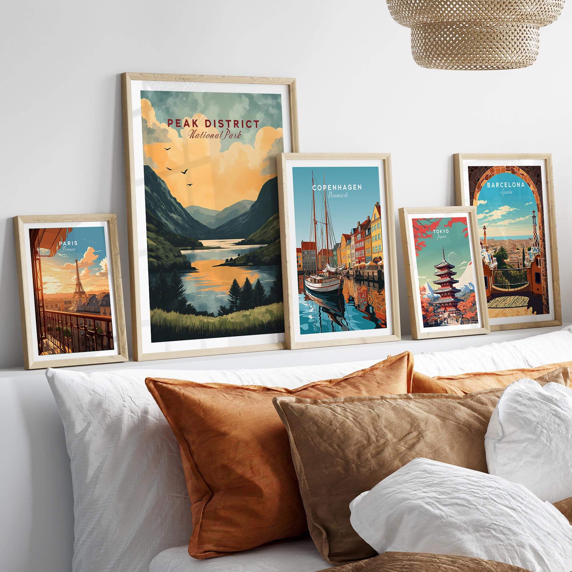 Peak District National Park Wall Art featured among other travel prints in a stylish home decor setting.