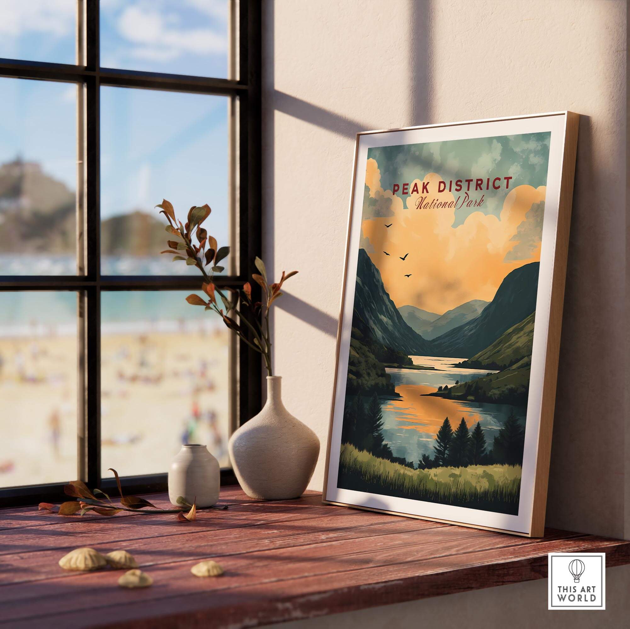 Peak District National Park Wall Art displayed in a stylish interior setting with a serene landscape.