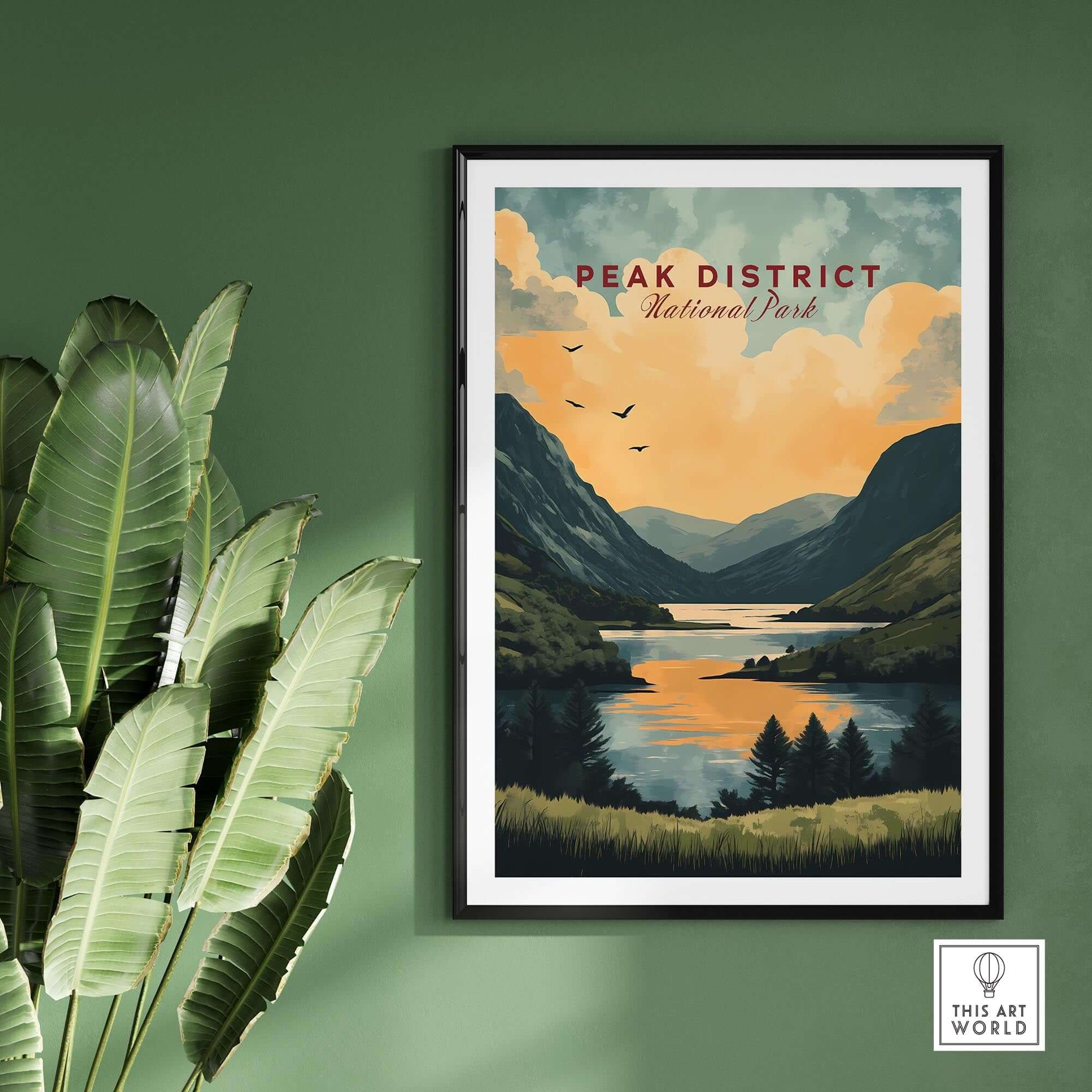 Peak District National Park Wall Art showcasing serene nature scenery with mountains and a lake in warm hues.