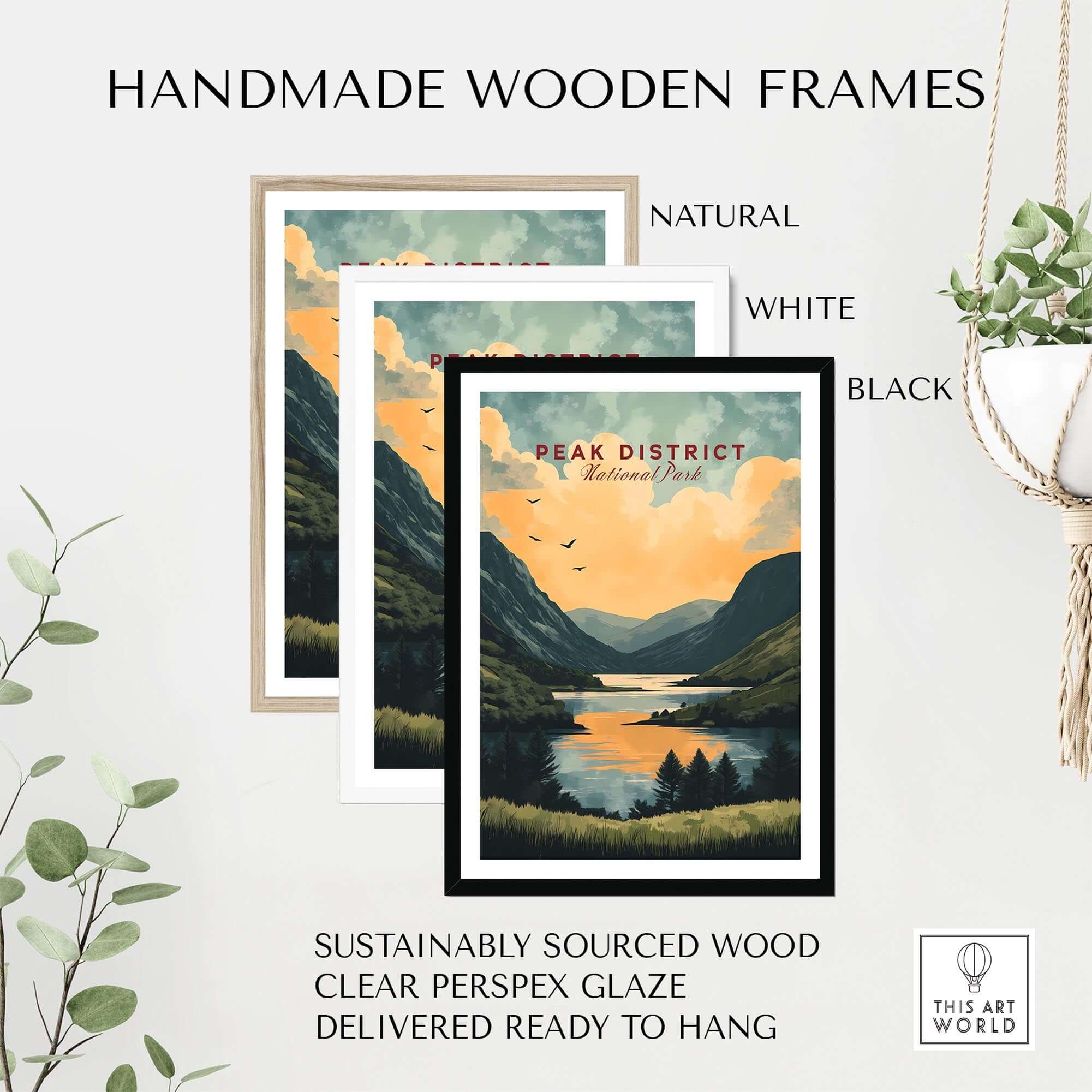 Peak District National Park Wall Art featuring handmade wooden frames in natural, white, and black colors.