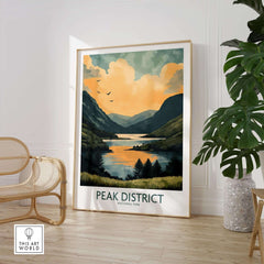Peak District National Park Wall Art Print featuring a stunning landscape with mountains and a serene lake.