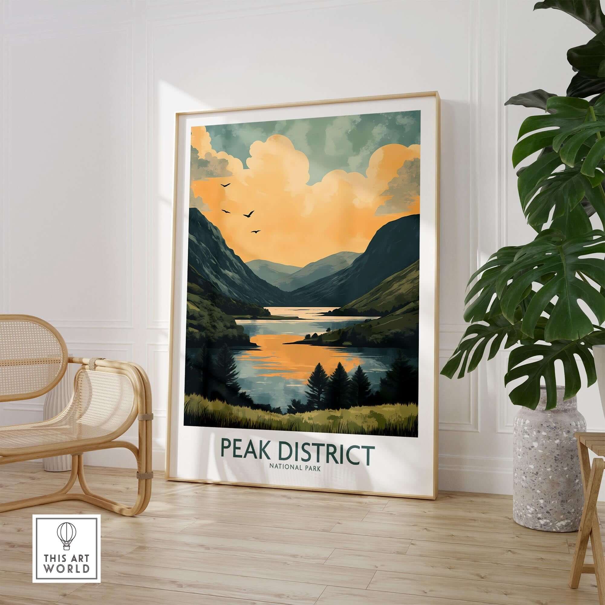 Peak District National Park Wall Art Print featuring a stunning landscape with mountains and a serene lake.