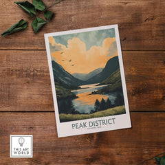 Peak District National Park Wall Art Print showcasing a stunning landscape at sunset over tranquil waters.