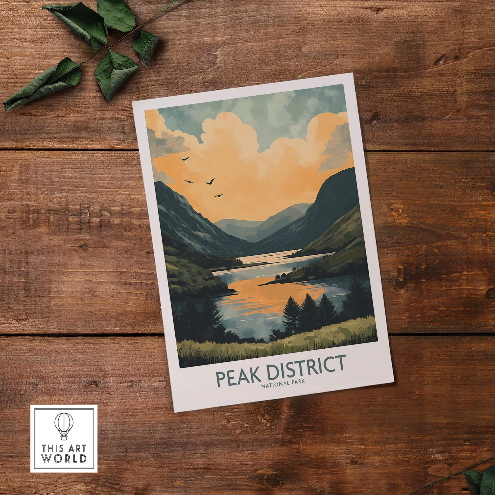 Peak District National Park Wall Art Print showcasing a stunning landscape at sunset over tranquil waters.