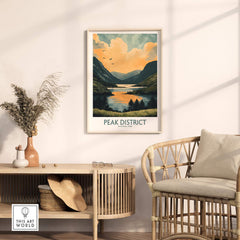 Peak District National Park Wall Art Print showcasing a serene landscape in a stylish home interior setting.