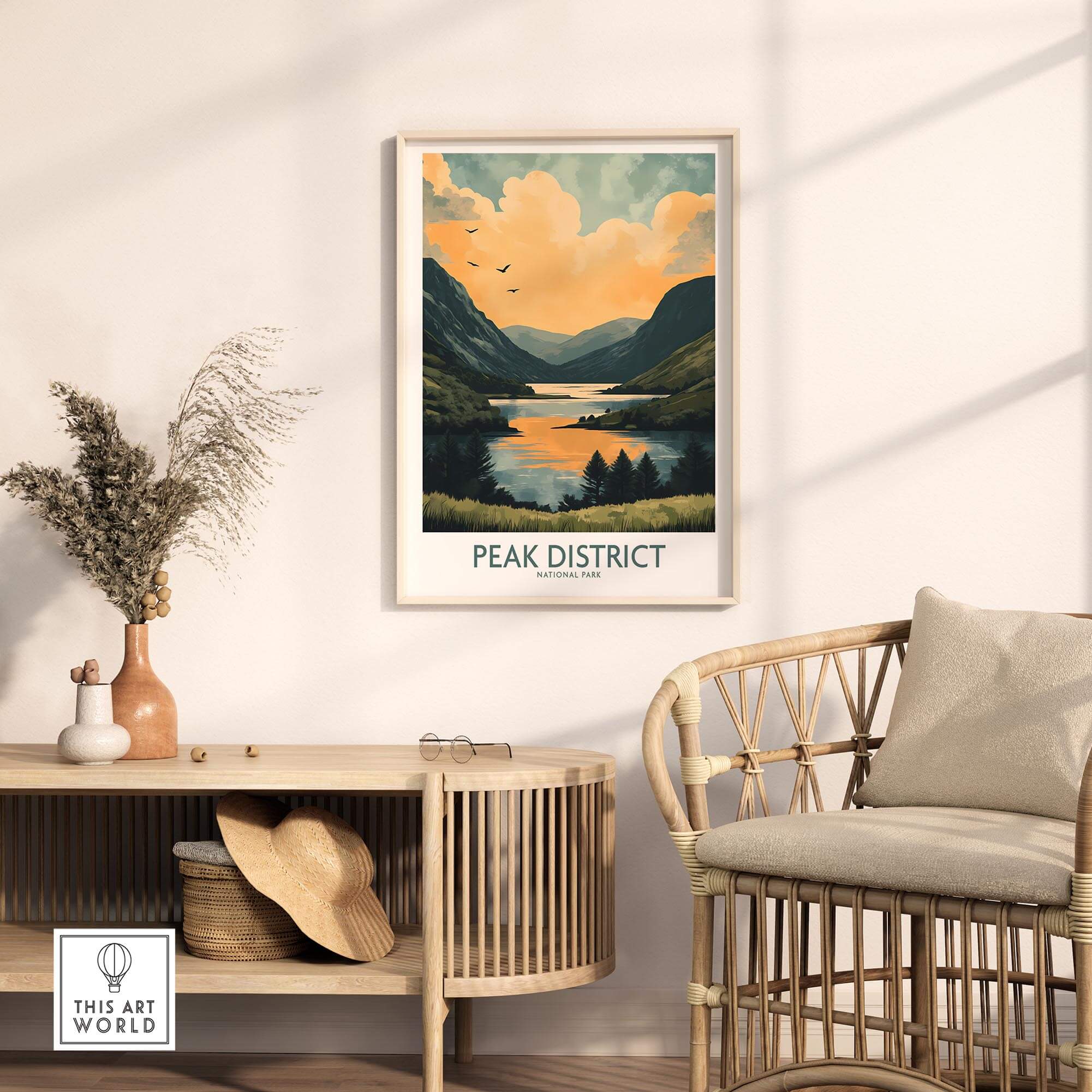 Peak District National Park Wall Art Print showcasing a serene landscape in a stylish home interior setting.