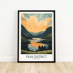 Peak District National Park Wall Art Print featuring a scenic landscape with mountains and sunset.