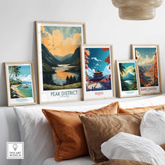 Peak District National Park Wall Art Print displayed among other travel-themed prints in a stylish interior setting.