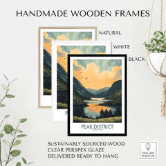 Handmade wooden frames for Peak District National Park Wall Art Print in natural, white, and black finishes.