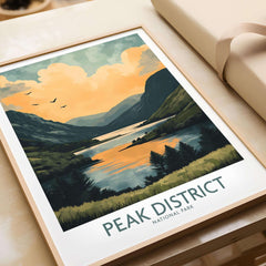 Peak District National Park Wall Art Print showcasing a vibrant landscape with mountains and a river at sunset.