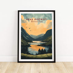 Peak District National Park Wall Art showcasing a picturesque landscape with mountains and a tranquil lake.