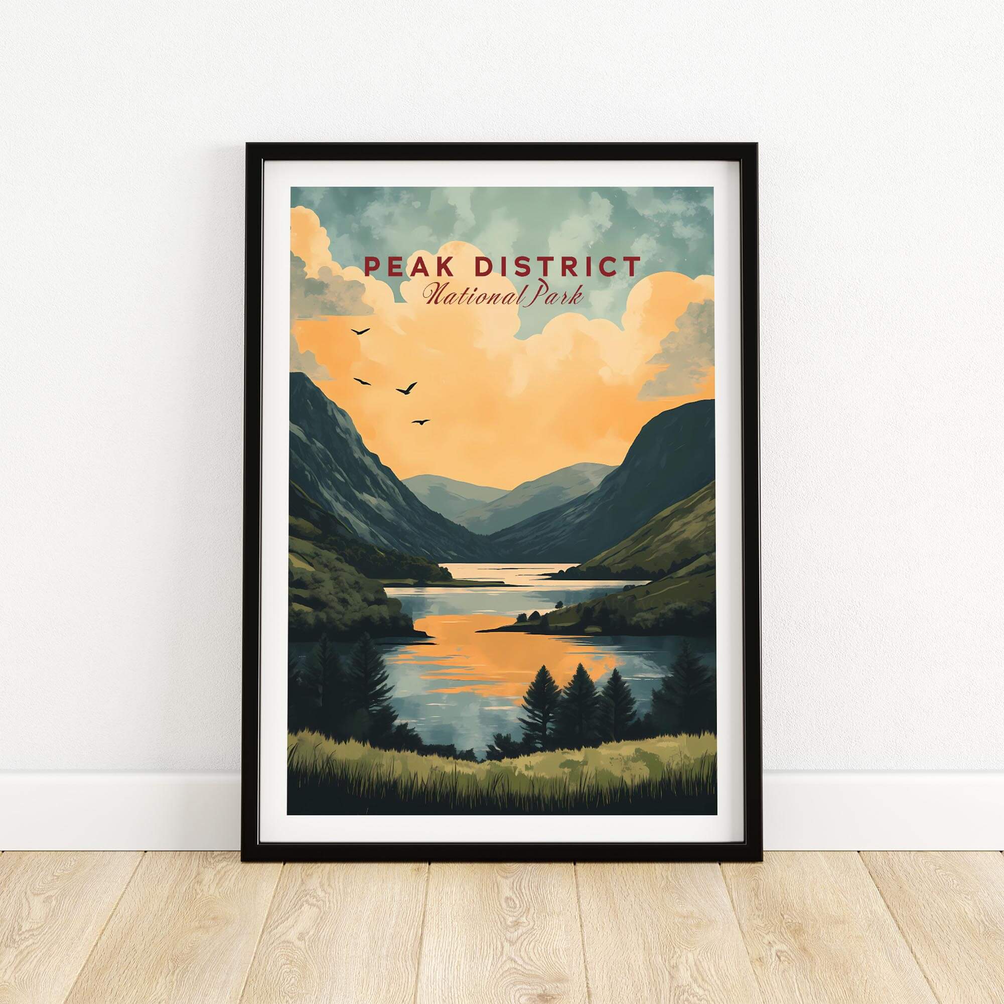 Peak District National Park Wall Art showcasing a picturesque landscape with mountains and a tranquil lake.