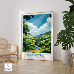 Peak District Travel Poster featuring a scenic view of the Peak District National Park in a stylish living room setting.