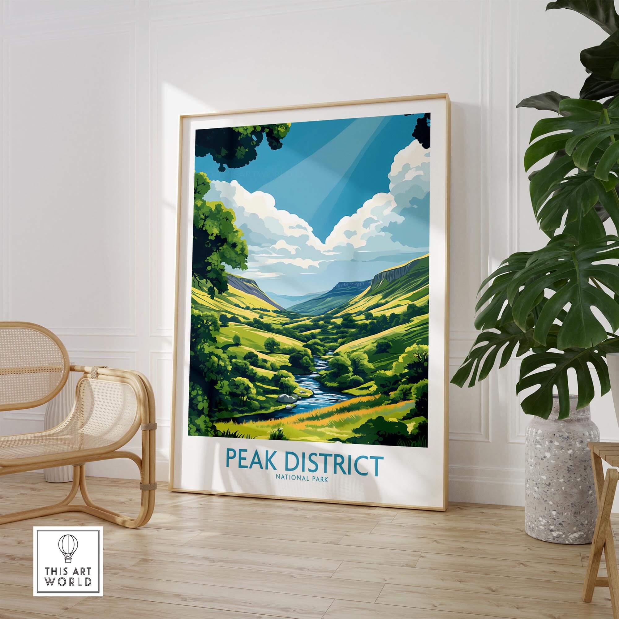 Peak District Travel Poster featuring a scenic view of the Peak District National Park in a stylish living room setting.