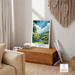 Peak District Travel Poster featuring a scenic view of the Peak District National Park in a home setting.