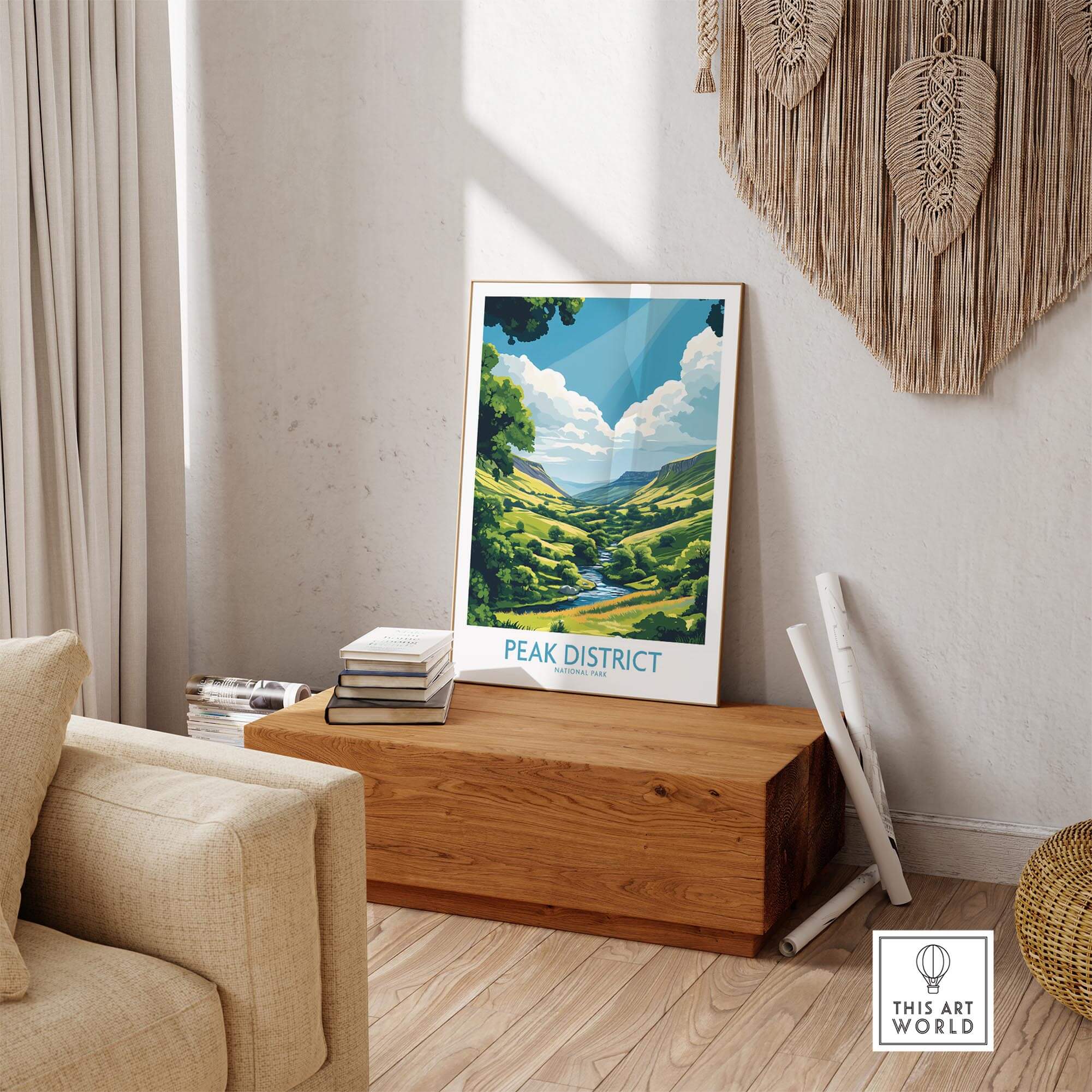 Peak District Travel Poster featuring a scenic view of the Peak District National Park in a home setting.