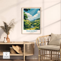 Peak District Travel Poster showcasing the scenic beauty of Peak District National Park in a stylish home setting.