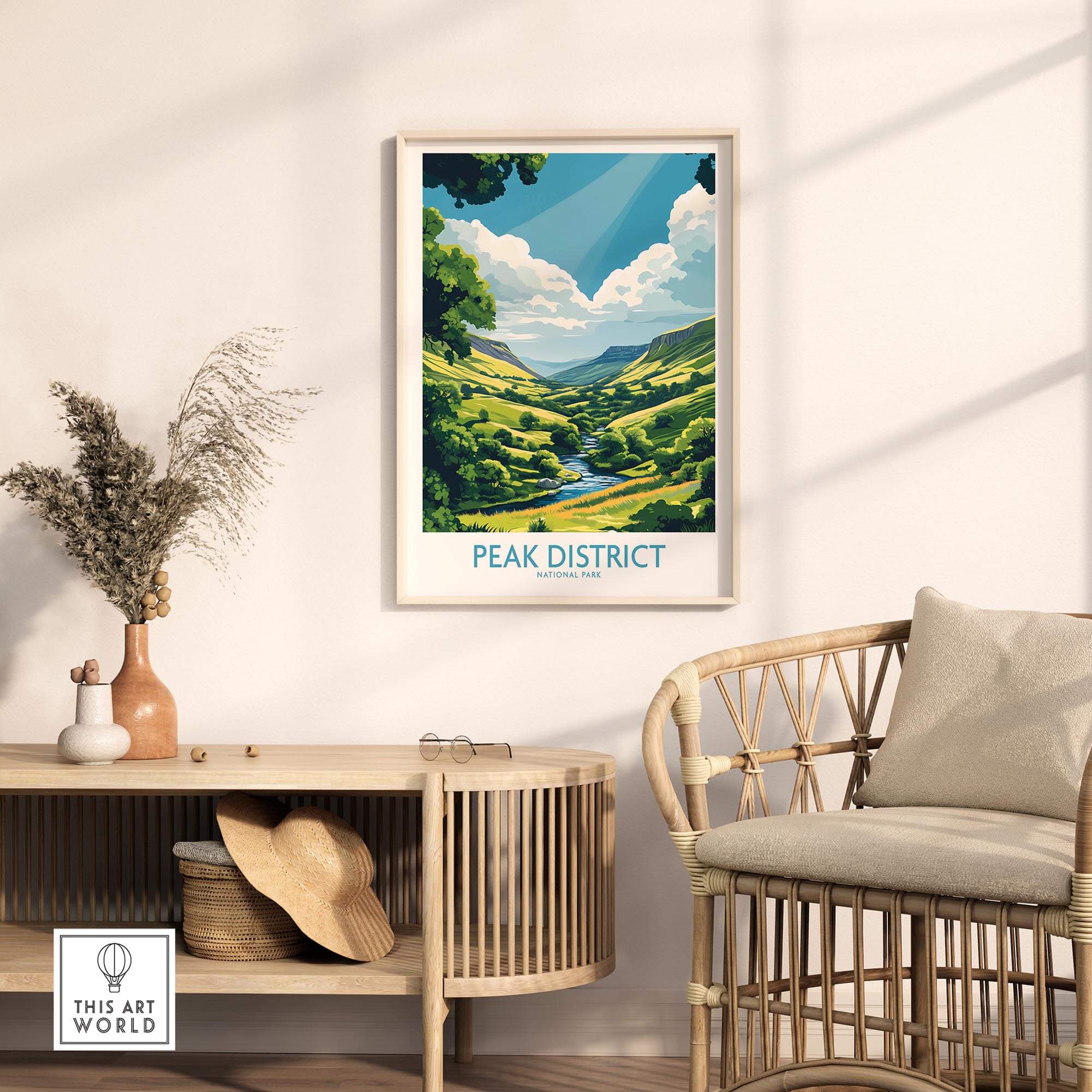 Peak District Travel Poster showcasing the scenic beauty of Peak District National Park in a stylish home setting.