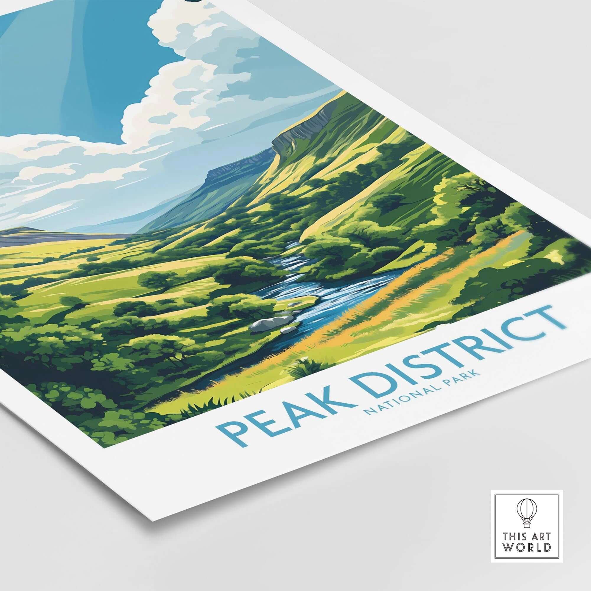 Peak District Travel Poster featuring a vibrant illustration of rolling hills and a serene river in Peak District National Park.