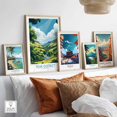 Peak District Travel Poster showcased among various travel posters on a stylish living room wall.