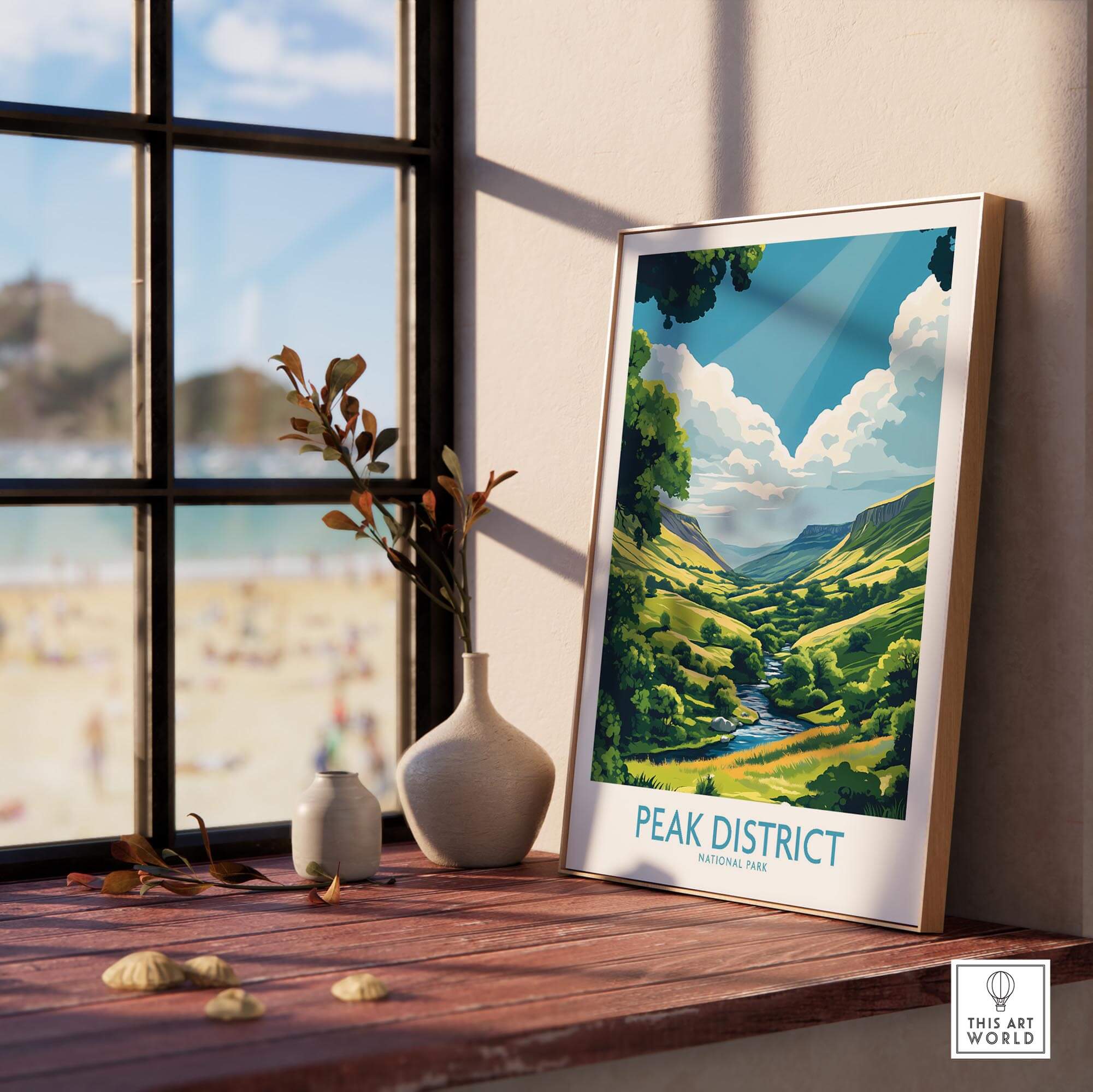 Peak District Travel Poster showcasing scenic beauty by the window with natural decor.