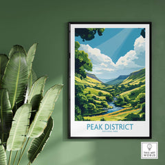 Peak District Travel Poster showcasing lush green hills and a river in the stunning Peak District National Park.