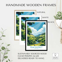 Handmade wooden frames for Peak District Travel Poster in natural, white, and black finishes.