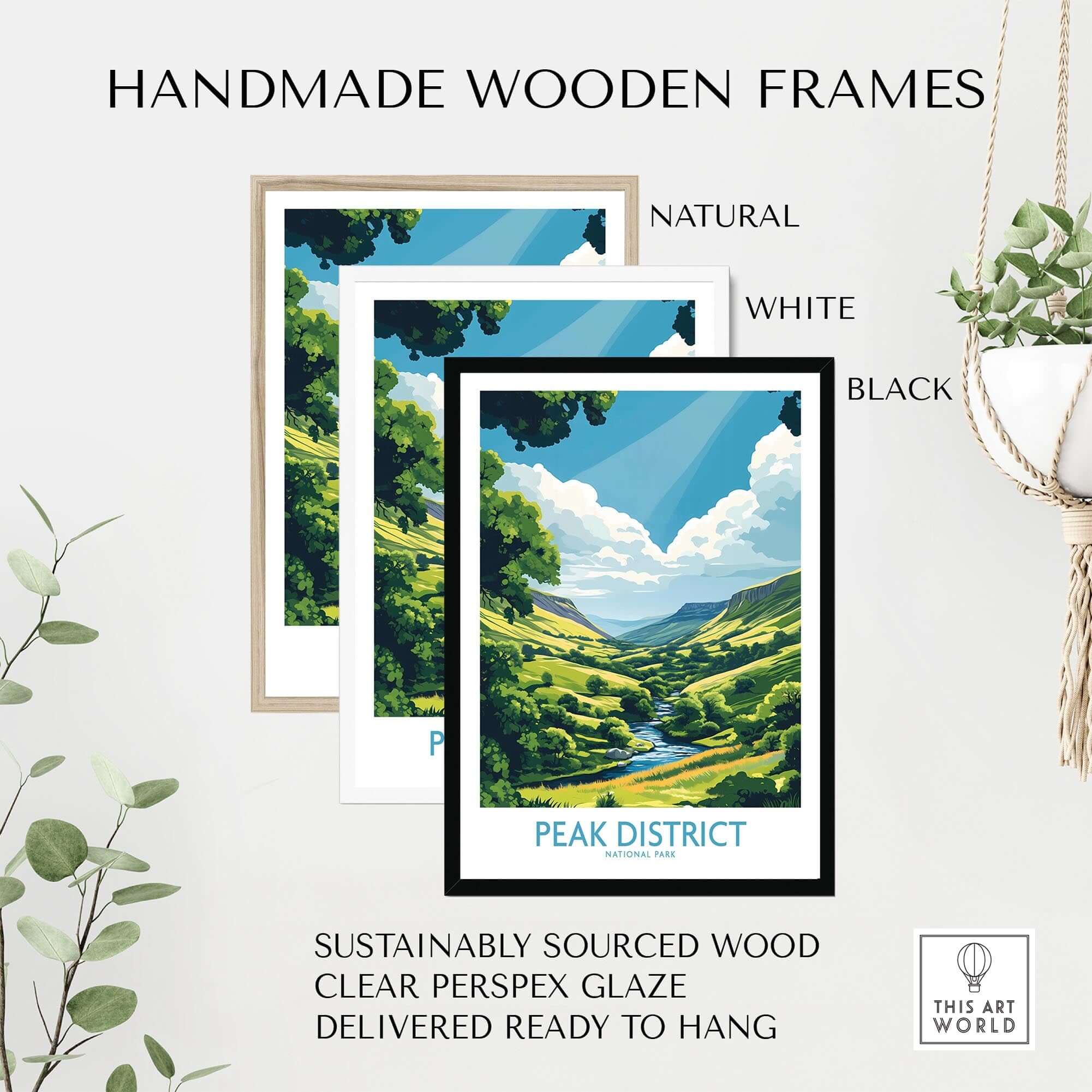 Handmade wooden frames for Peak District Travel Poster in natural, white, and black finishes.
