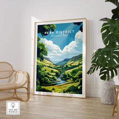 Peak District Travel Print showcasing vibrant countryside scenery and blue skies in a stylish frame.