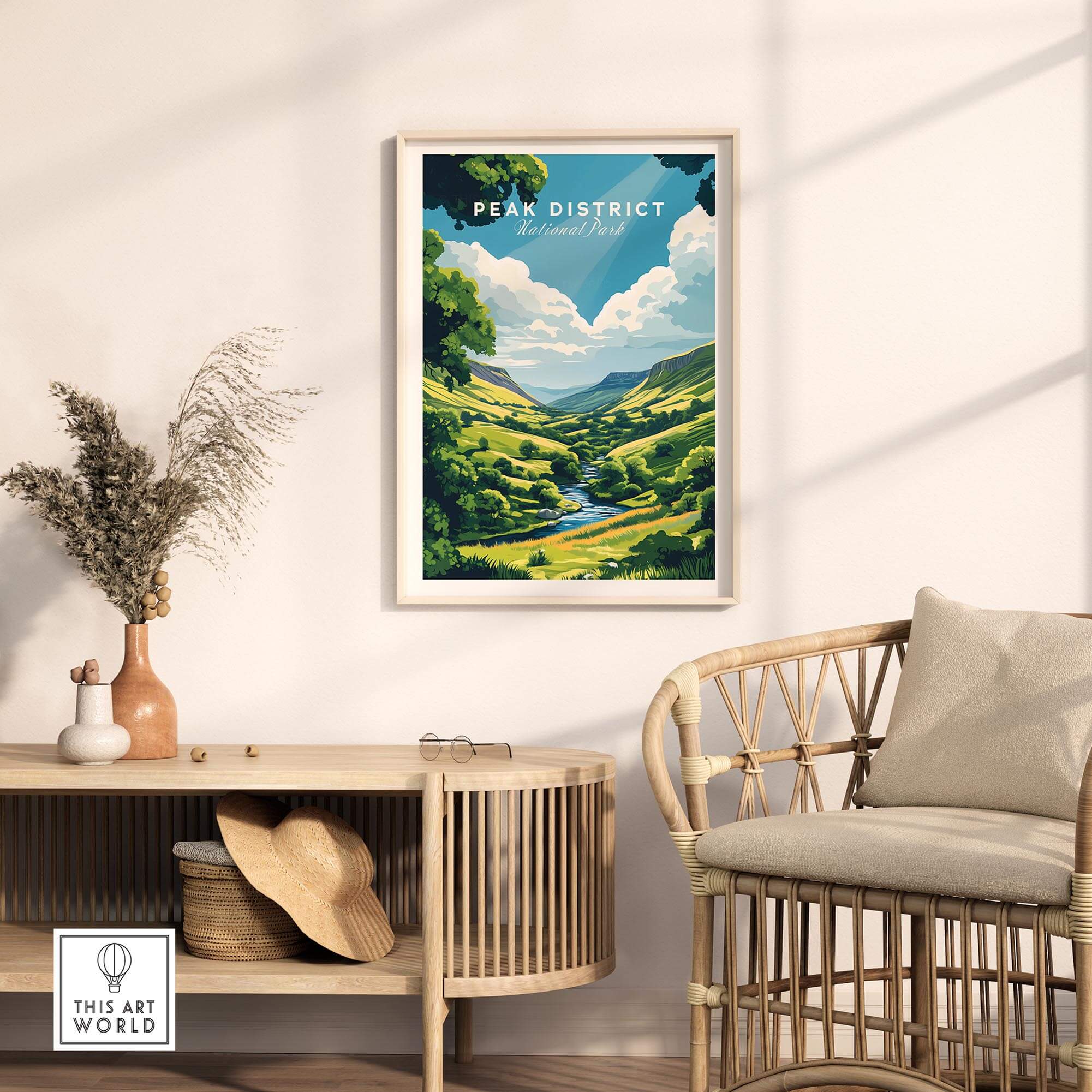 Peak District Travel Print featuring vibrant countryside landscape and serene views in a stylish home setting.