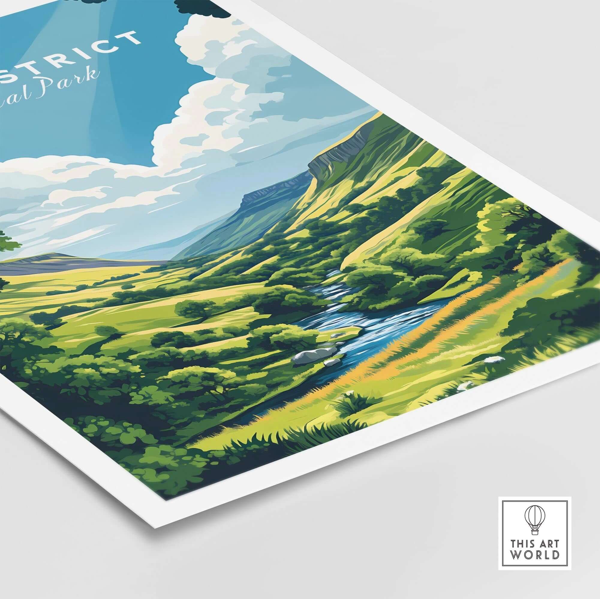 Peak District Travel Print featuring vibrant countryside scenery and a serene river, perfect for nature lovers.