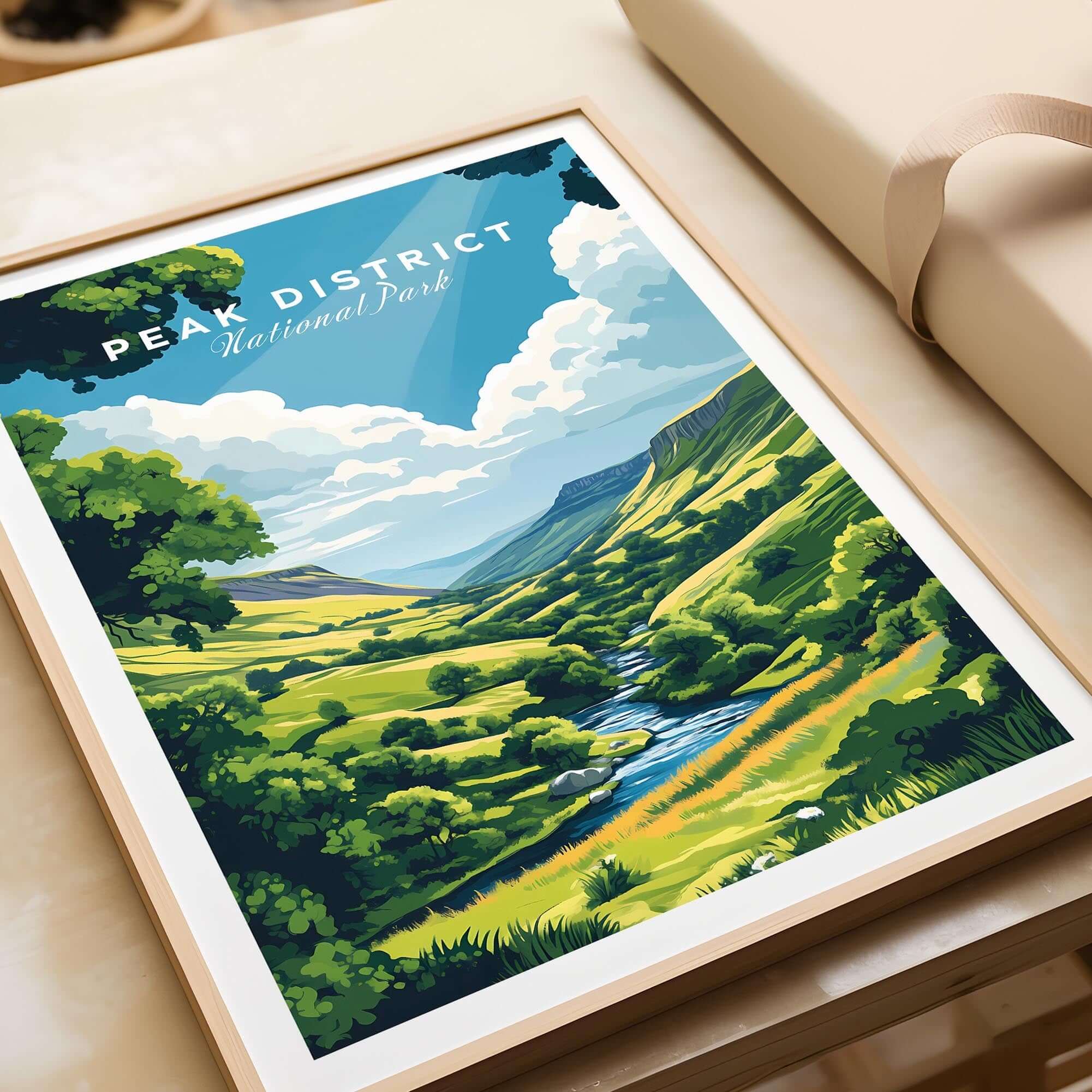 Peak District Travel Print showcasing vibrant landscape and serene countryside views of Peak District National Park.