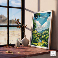 Peak District Travel Print showcasing a vibrant countryside scene with hills and blue skies.