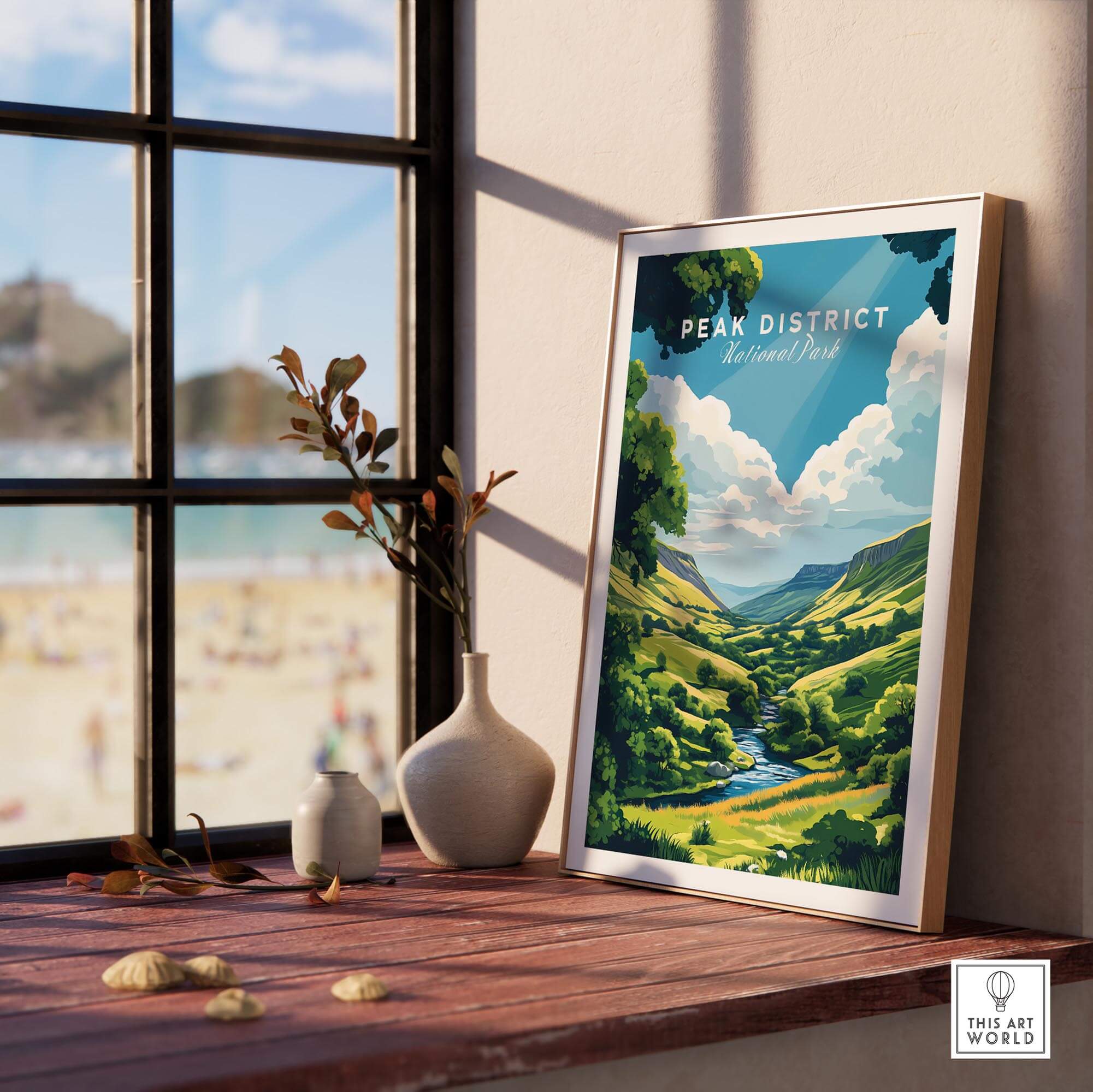 Peak District Travel Print showcasing a vibrant countryside scene with hills and blue skies.