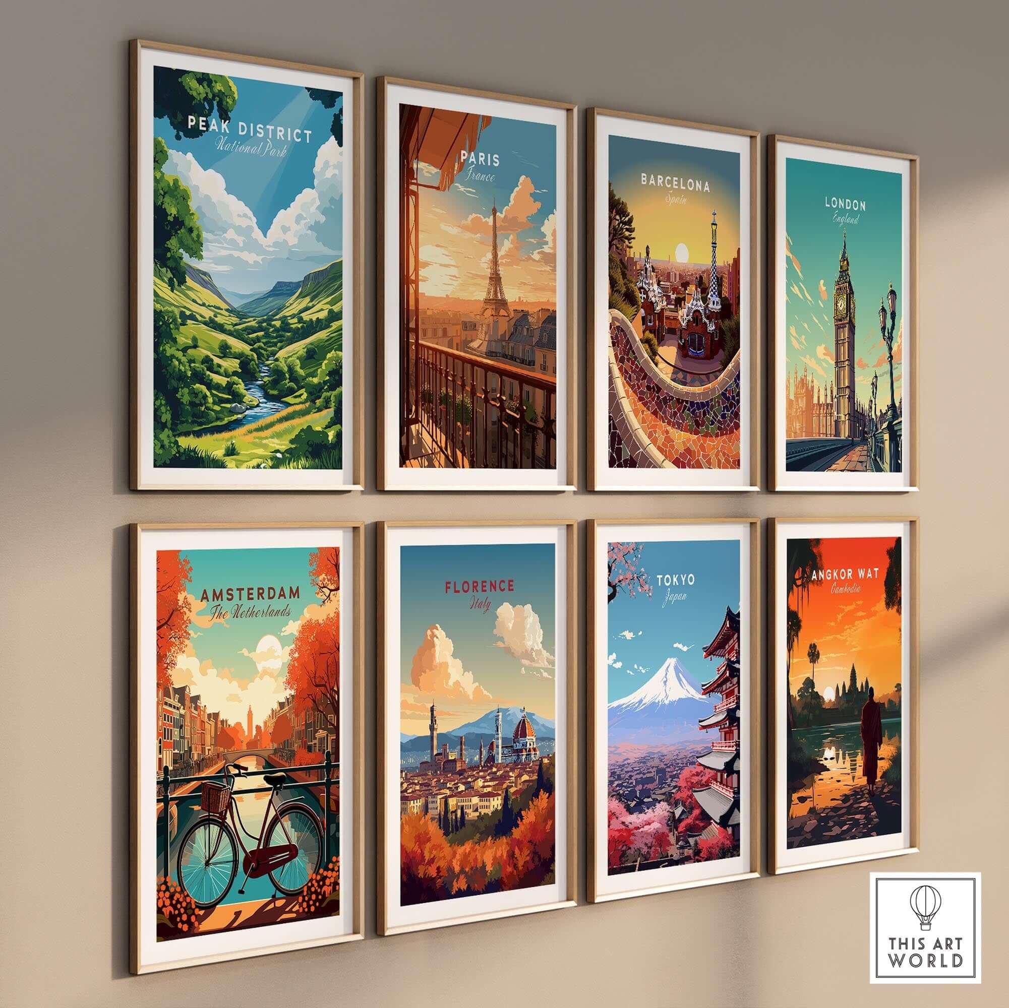 Peak District Travel Print surrounded by travel art from iconic cities including Paris and London.