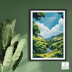 Peak District Travel Print featuring scenic views of lush greenery and hills in a stylish poster design.